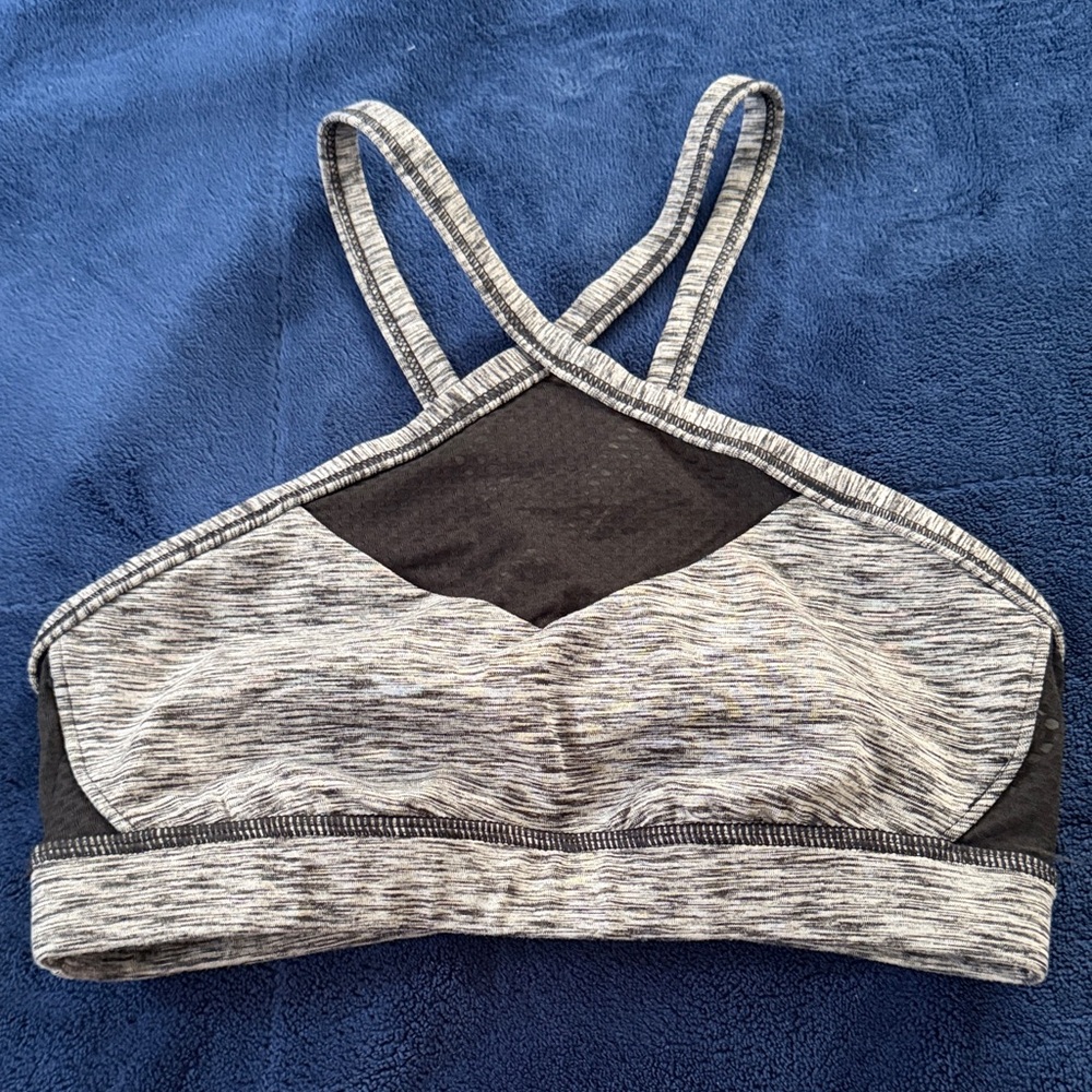 manduka Heather Gray and Black Strappy Sports Bra